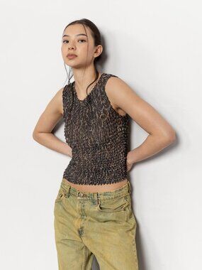 Vintage Crinkle Popcorn Tank Top: Stretchy Scoop Neck, Small Medium